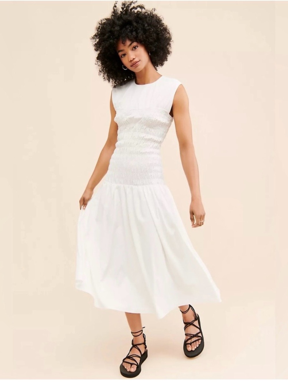 Sleeveless White Smocked Midi Dress - Women
